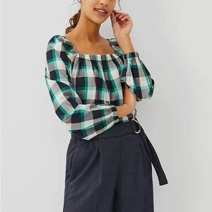 Ann Taylor Green and Black Plaid Square Neck Top
